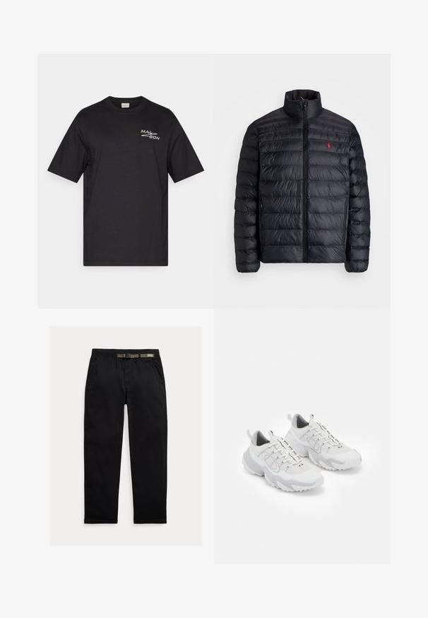 Black puffer jacket with a high collar, featuring quilted texture and a front zipper. Notable red logo on the chest, two side pockets.; Black cotton t-shirt with a round crew neck, short sleeves, and white printed text on the left chest area. Smooth texture, simple design.; Black pants made of lightweight fabric, featuring an elastic waistband with an integrated green belt, straight-leg cut, and side pockets.; White athletic shoes with a mesh upper, grey accents, textured rubber sole, and pull tabs on the heel; features a lace-up design.