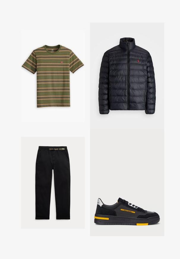 Černá péřová bunda s vysokým límcem, vybavená prošívanou texturou a předním zipem. Výrazné červené logo na hrudi, dvě boční kapsy.; Zelené pruhované tričko s horizontálními pruhy v béžové a fialové barvě. Má kulatý výstřih a malé červené logo Levi's na hrudi.; Černé kalhoty vyrobené z lehkého materiálu, s elastickým pasem a integrovaným zeleným páskem, rovného střihu a bočními kapsami.; Černé tenisky s svrchním materiálem z semiše a síťoviny, s žlutými akcenty a silnou černou podrážkou. Šněrování a branding "POLO SPORT" na boku.