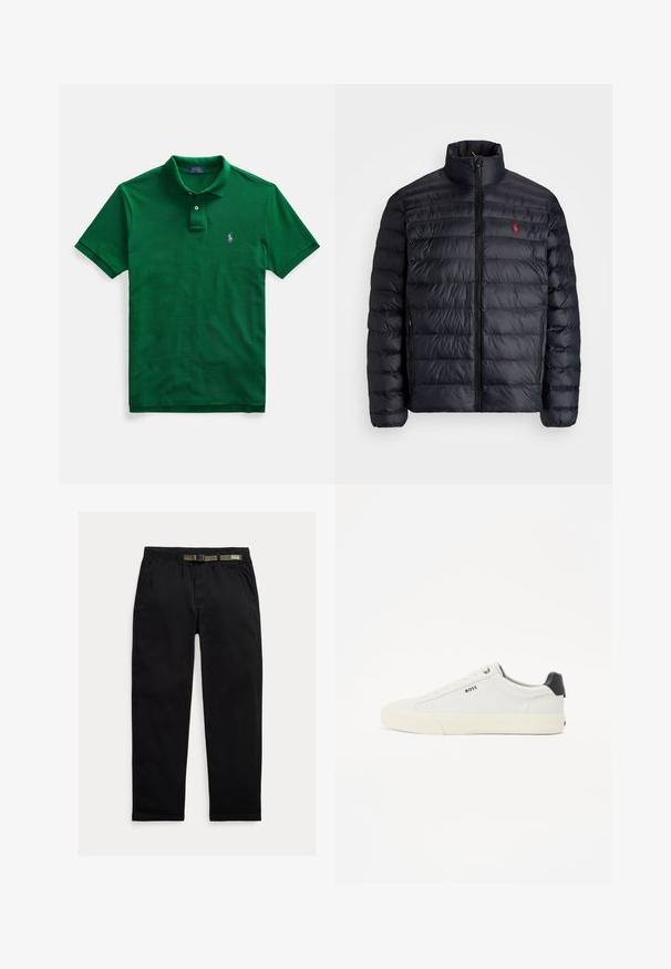 Doudoune noire avec col montant, présentant une texture matelassée et une fermeture éclair avant. Logo rouge bien visible sur la poitrine, deux poches latérales.; Polo vert avec une patte à deux boutons, manches courtes et un logo brodé violet sur la poitrine gauche. Matière en coton doux.; Pantalon noir en tissu léger, avec une taille élastique intégrant une ceinture verte, coupe droite et poches latérales.; Baskets en cuir blanc avec une finition texturée, dotées d'un talon noir, d'un bout rond et d'un logo de marque sur le côté en noir. Semelle en caoutchouc légère.