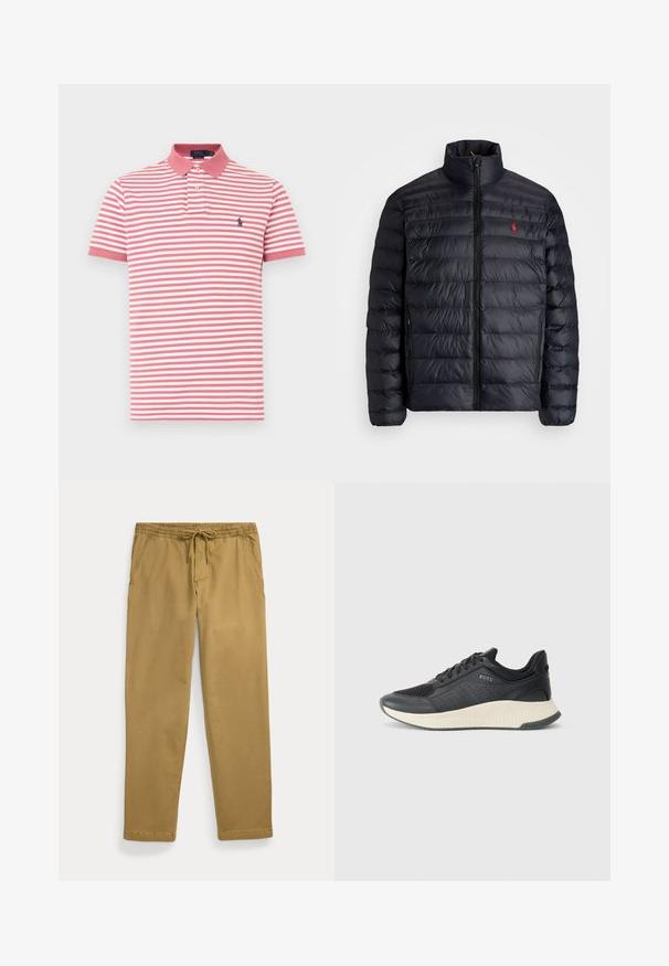 Μαύρο μπουφάν πούφρε με ψηλό γιακά, με ελαφρώς καπιτονέ υφή και μπροστινό φερμουάρ. Εντυπωσιακό κόκκινο λογότυπο στο στήθος, δύο πλαϊνές τσέπες.; Κοντομάνικο πόλο πουκάμισο με εναλλασσόμενες ροζ και λευκές ρίγες, γιακά και μικρό ναυτικό λογότυπο στο αριστερό στήθος. Υλικό από βαμβάκι.; Καφέ παντελόνια με ίσια γραμμή, ελαστική μέση και κορδόνι στη μέση, που διαθέτουν πλαϊνές σχισμές στα μπροστινά τους τσέπες και ραμμένα τελειώματα.; Μαύρο αθλητικό sneaker με ύφασμα δικτυωτού τύπου και τρύπες, με υφή στο μεσαίο μέρος σε κρέμα και εξωτερική σόλα από καουτσούκ για πρόσφυση.
