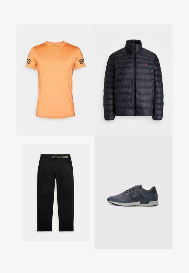 Juodas pūkuotas džemperis su aukštu apykakle, turintis siuvinėtą tekstūrą ir užtrauktuką priekyje. Pastebimas raudonas logotipas ant krūtinės, dvi šoninės kišenės.; Šviesiai oranžinės spalvos trumpas rankovėmis marškinėliai, lygus paviršius, apvalus kaklas, su juodu užrašu "BFG" kairėje rankovėje.; Juodos kelnės, pagamintos iš lengvo audinio, su elastinga juosta ir integruota žalia diržo dalimi, tiesaus kirpimo ir šonomis kišenėmis.; Vyriški sportiniai batai tamsiai mėlynos spalvos su tinklinėmis ir sintetinėmis medžiagomis. Ypatybės: raištelių sistema, paminkštinta apykaklė ir guminis padas su tekstūruota paviršiaus struktūra.