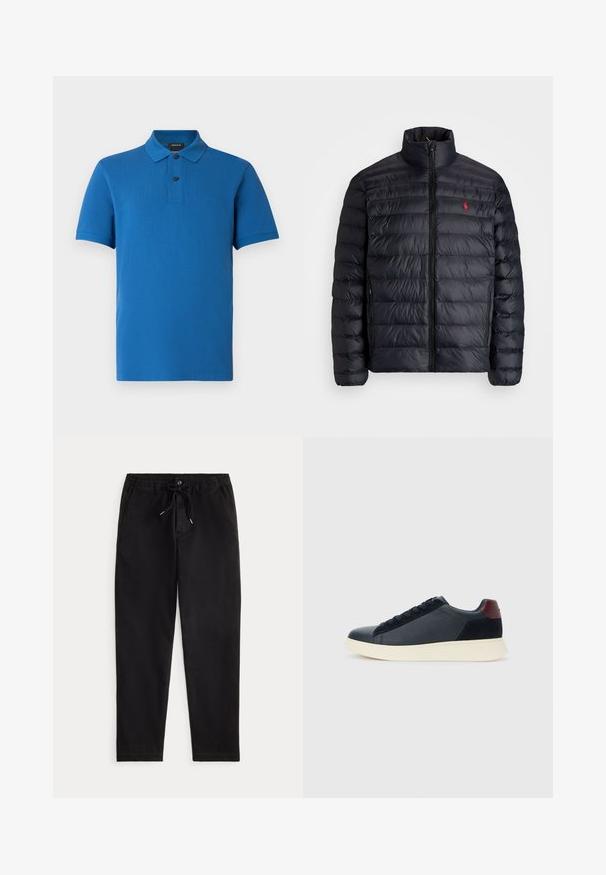Črna napihnjena jakna z visokim ovratnikom, z quiltano teksturo in sprednjim zadrgo. Opazen rdeč logotip na prsih, dve stranski žepu.; Modra polo majica s kratkimi rokavi, ovratnikom, dvema črnima gumboma, običajnim krojem in subtilnim logotipom "BOSS" na levi strani prsnega koša.; Črne sproščene hlače z elastičnim pasom, vezalko, sprednjim gumbom in stranskimi žepi, prikazane na enostavni podlagi.; Nizke moške tenisice iz črnega usnja in semiša z vijoličnim petnim delom in belim gumijastim podplatom, prikazane s sprednje strani.
