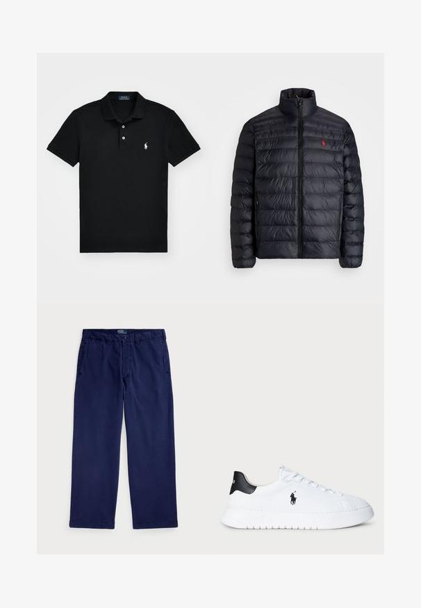 Casaco puffer preto com gola alta, apresentando textura acolchoada e um fecho à frente. Logotipo vermelho notável no peito, dois bolsos laterais.; Camisa polo preta em algodão, com colarinho clássico, lista de três botões, mangas curtas e um logótipo branco no lado esquerdo do peito.; Chino de algodão azul-marinho com um design de perna reta, apresentando bolsos laterais e um fecho de botão na cintura. Textura suave, ajuste clássico.; Sapatilhas brancas de cano baixo com tabuleiro de calcanhar preto e logótipo da Polo Ralph Lauren em preto na lateral, apresentando atacadores brancos e sola de borracha grossa.