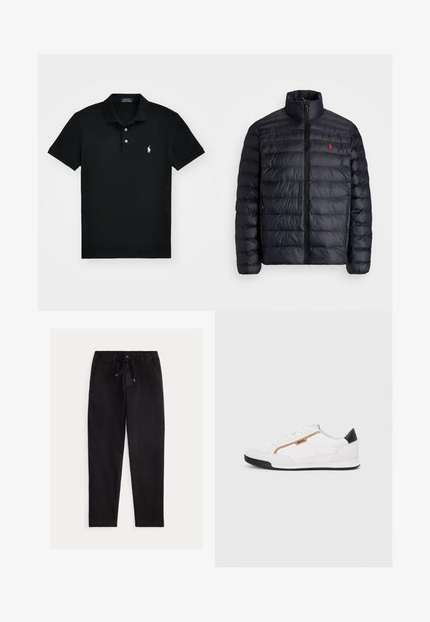 Črna napihnjena jakna z visokim ovratnikom, z quiltano teksturo in sprednjim zadrgo. Opazen rdeč logotip na prsih, dve stranski žepu.; Črna polo majica iz bombaža, s klasičnim ovratnikom, tri gumbi na zapenjanju, kratkimi rokavi in belim logotipom na levem prsnem delu.; Črne, udobne hlače s sproščenim krojem, elastičnim pasom, vezalko in sprednjimi žepi. Narejene so iz gladkega, lahkega materiala.; Bele športne čevlje z mrežnimi in usnjenimi detajli. Opremljeni so z zlatim logotipom "BOSS", teksturiranimi stranskimi paneli in črnim kapcom na peti. Guma podplat.