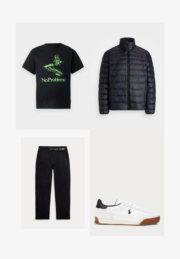 Črna napihnjena jakna z visokim ovratnikom, z quiltano teksturo in sprednjim zadrgo. Opazen rdeč logotip na prsih, dve stranski žepu.; Črna bombažna majica s kratkimi rokavi, ki prikazuje zeleni tujski grafični vzorec in besedilo "Noben problem", z udobnim krojem.; Črne hlače iz lahkega blaga, z elastičnim pasom in vgrajenim zeleni pasom, ravne noge in stranskimi žepi.; Bela športna obutev z antilopinimi in usnjenimi poudarki, ki ima mornarsko modro peto, kontrastno rjavo gumijasto podplat in izšito logo na strani.