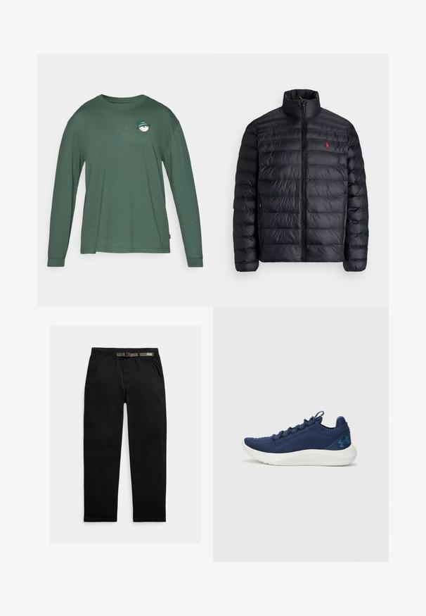 Čierna páperová bunda s vysokým golierom, s prešívanou textúrou a predným zipsom. Znateľné červené logo na hrudi, dve bočné vrecká.; Dlhý rukáv tričko v tmavozelenej farbe, vyrobené z mäkkej bavlny. Obsahuje malú bielu grafiku so zelenou čiapkou na prednej strane. Okrúhly výstrih.; Čierne nohavice vyrobené z ľahkej tkaniny, s elastickým pásom integrovaným so zeleným opaskom, rovným strihom nohavíc a bočnými vreckami.; Námornícke bežecké topánky s textúrovaným pleteným zvrškom, bielou medzipodrážkou a akcentom loga. Majú nízky profil a viazací dizajn.