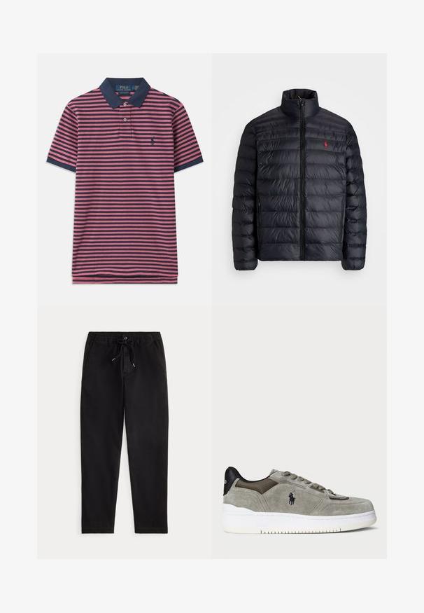 Casaco puffer preto com gola alta, apresentando textura acolchoada e um fecho à frente. Logotipo vermelho notável no peito, dois bolsos laterais.; Polo em listras rosa e marinho, com colarinho em marinho, lista de três botões e um pequeno logótipo no lado esquerdo do peito. Material em algodão.; Calças casuais pretas com cintura elástica, cordão de ajuste, botão frontal e bolsos laterais, exibidas sobre um fundo simples.; Sneaker cinza em camurça com um cabedal texturizado, calcanhar preto contrastante, sola branca e logótipo bordado. Design com atacadores e seis ilhós.