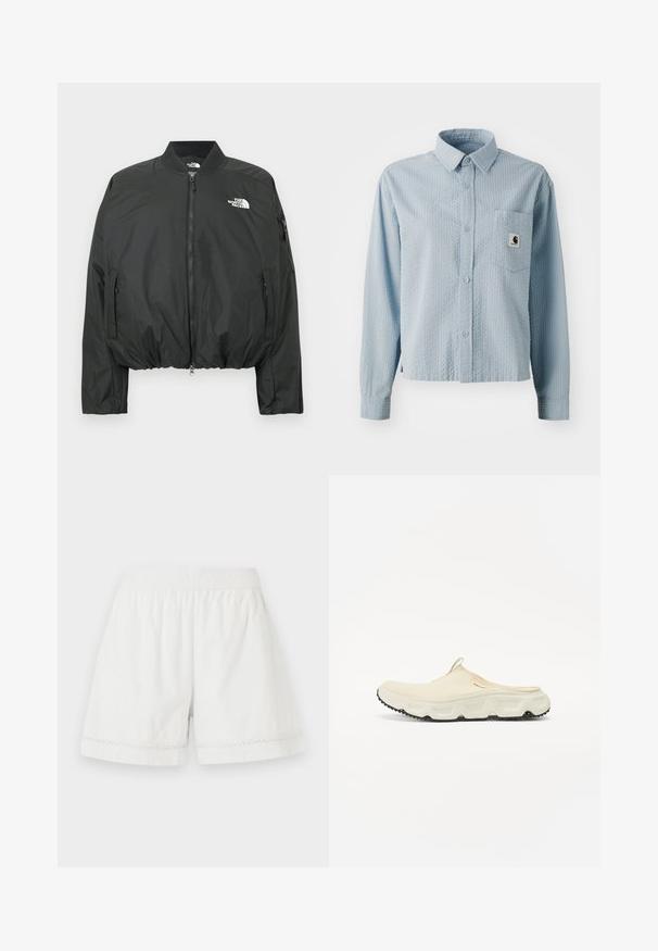 Zwarte bomberjack met ritssluiting, geribbelde kraag en elastische zoom. Voorzien van een logo op de borst en zijzakken met rits. Glad, lichtgewicht materiaal.; Lichtblauwe, lange mouw, button-up shirt met een gestructureerd patroon, een borstzak en een merklabel op de zak. Gemaakt van geweven stof.; Witte linnen shorts met een elastische tailleband, een ontspannen pasvorm en decoratieve kantafwerking aan de zoom. Glad textuur en casual ontwerp.; Crème kleurige mesh instappers met een dikke witte zool en een zwarte gestructureerde buitenzool. Voorzien van een treklus aan de hiel voor makkelijk aan- en uittrekken.