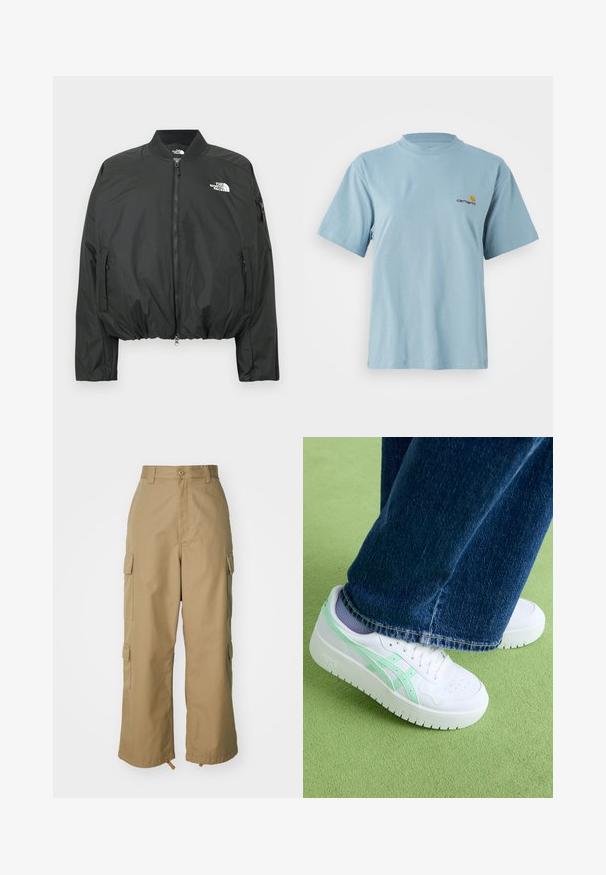 Čierna bomber bunda so zapínaním na zips, rebrovaným golierom a elastickým lemom. Obsahuje logo na hrudi a bočné vrecká na zips. Hladký, ľahký materiál.; Svetlomodré tričko s krátkym rukávom z bavlny s okrúhlym výstrihom a malým žltým a červeným logom Carhartt na ľavej hrudi.; béžové cargo nohavice s vysokým pásom, širokými nohavicami a štyrmi veľkými bočnými vreckami. Vyrobené z odolnej tkaniny s hladkou textúrou a minimálnymi detailmi.; Biele tenisky s mätovými akcentmi, hladký kožený zvršok, perforovaný špička, hrubá podošva, nosené s modrými džínsami na zelenej ploche.