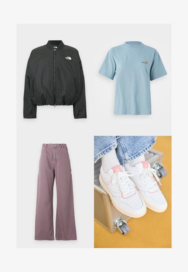 Svart bomberjacka med dragkedja, ribbad krage och elastisk fåll. Har logotyp på bröstet och sidofickor med dragkedja. Slätt, lätt material.; Ljusblå kortärmad bomullströja med rund hals och liten gul och röd Carhartt-logga på vänster bröst.; Breda byxor i stoft mauve bomull, med knäppning fram, sidofickor och sydda detaljer längs sömmarna.; Vita lädersneakers med rosa detaljer, perforerad tå, platta snören och en mjuk, texturerad sula, placerade på en metallisk yta.