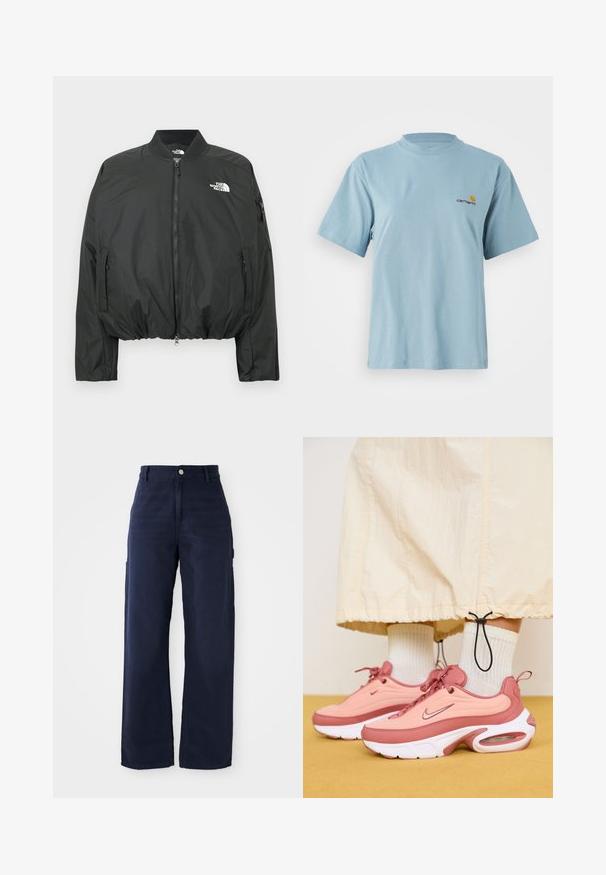 Juoda bombos stiliaus striukė su užtrauktuku, megzta apykakle ir elastingu apačios kraštu. Ant krūtinės yra logotipas, šonuose – užtrauktukai kišenėse. Lygus, lengvas audinys.; Mėlynos spalvos trumpomis rankovėmis medvilninis marškinėliai su apvaliu kaklu ir mažuoju geltonu bei raudonu Carhartt logotipu kairiajame krūtinės šone.; Tamsiai mėlynos plačios kojų cargo kelnės, pagamintos iš tvirto medvilninio audinio, su šoninėmis kišenėmis ir sagčių uždarymu juosmenyje.; Nike sportbačiai rožinių ir persikų atspalvių, su tekstūruotu dizainu, baltiems padu ir matoma oro amortizacija. Dėvimi su baltais sportiniais kojinių.