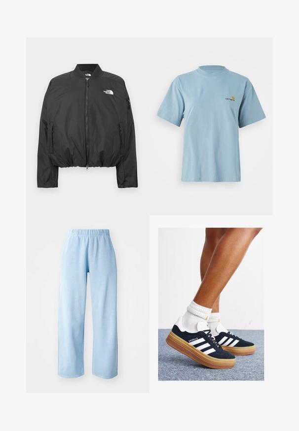 Čierna bomber bunda so zapínaním na zips, rebrovaným golierom a elastickým lemom. Obsahuje logo na hrudi a bočné vrecká na zips. Hladký, ľahký materiál.; Svetlomodré tričko s krátkym rukávom z bavlny s okrúhlym výstrihom a malým žltým a červeným logom Carhartt na ľavej hrudi.; Svetlo modré, široké nohavice s elastickým pásom. Vyrobené z mäkkej látky, s hladkým povrchom a bez viditeľných vzorov alebo akcentov.; Čierne semišové tenisky s bielymi pruhmi a detailmi, so zaoblenou špičkou, podrážkou z gumovej gumy, doplnené bielymi rebrovanými ponožkami.