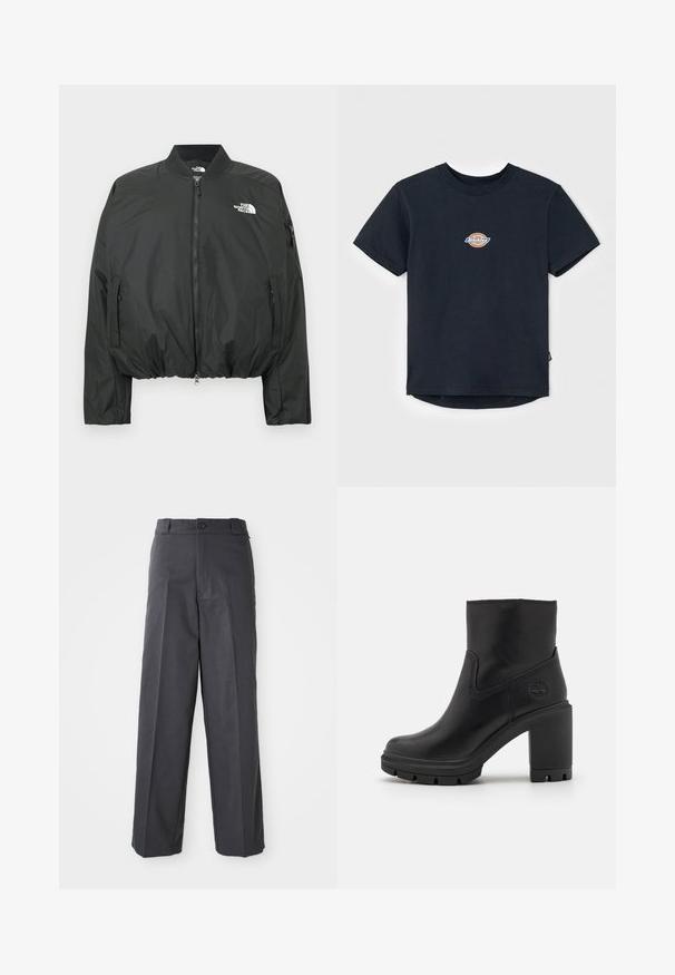 Zwarte bomberjack met ritssluiting, geribbelde kraag en elastische zoom. Voorzien van een logo op de borst en zijzakken met rits. Glad, lichtgewicht materiaal.; Zwarte katoenen t-shirt met korte mouwen, ronde hals, en een klein multikleurig logo op de borst. Rechte zoom met een iets langere achterkant.; Donkergrijze broek met een recht gesneden ontwerp, voorzien van een enkele knoopsluiting, riemlussen en een gladde, gestructureerde stof.; Zwarte enkelboot van leer met een gladde afwerking, ronde neus en een dikke blokhak. Bevat logodetail aan de zijkant en een rubberen zool.