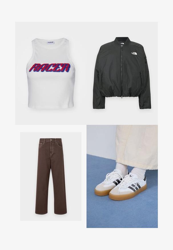 Casaco bomber preto com fecho de correr, gola canelada e bainha elástica. Apresenta logótipo no peito e bolsos laterais com fecho de correr. Material suave e leve.; Top cropped branco com textura em espinha de peixe, apresentando a palavra "RACER" em letras grandes vermelhas e azuis na frente.; Calças de denim largas de cor castanha com costura em contraste, cinco bolsos e fecho de botão metálico. Tecido suave, corte reto.; Ténis brancos com riscas pretas e detalhes em camurça bege. Apresentam uma sola de borracha texturizada e atacadores brancos lisos, usados com meias de tom claro.