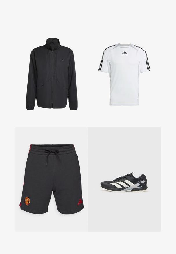 Casaco preto com fecho éclair, featuring um colarinho alto, tecido texturizado, bolsos laterais e um logo discreto no peito. Design leve e desportivo.; Camisa atlética de manga curta branca com detalhes em preto das três faixas da Adidas nos ombros, feita de um tecido suave e leve.; Calções de sweat preto com riscas laterais vermelhas. Inclui um cós elástico com cordão e o logótipo bordado do Manchester United na perna.; Sapata atlética preta com riscas brancas, parte superior em malha, biqueira arredondada e sola acolchoada. Apresenta um calcanhar texturizado e um sistema de atacadores seguro.