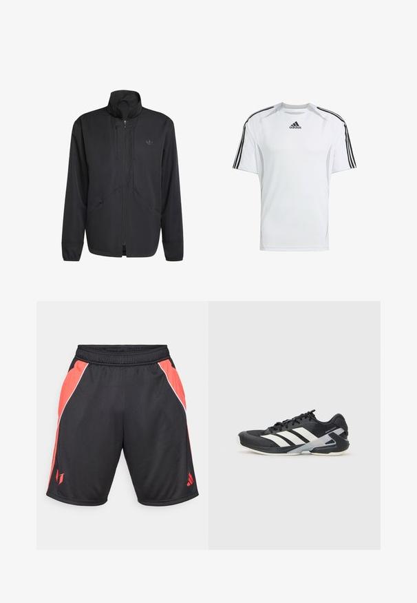 Črna jopica z zipom in visokim ovratnikom, teksturirana tkanina, stranske žepke in neopazno logo na prsih. Lahka in športna zasnova.; Bela kratka športna majica z črnimi Adidas tremi črtami na ramenih, izdelana iz gladkega, lahkega materiala.; Crne športne hlače z rdečimi stranskimi paneli, belimi okrasnimi črtami, elastičnim pasom in logotipom na spodnjem levem delu hlač.; Črne atletske čevlje z belimi črtami, mrežastim zgornjim delom, zaobljenim nosom in blaženim podplatom. Imajo teksturiran petni del in varen sistem vezalk.