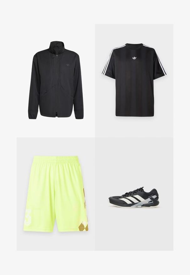 Jachetă neagră cu fermoar, cu guler înalt, material texturat, buzunare laterale și un logo subtil pe piept. Design ușor și sportiv.; Tricou negru cu mânecă scurtă, cu detalii albe cu trei dungi pe umeri și un mic logo alb pe piept. Textură de țesătură netedă.; Pantaloni scurți atletici galbeni neon cu talie elastică, prezentând un logo alb "3" și un model geometric auriu în colțul din dreapta jos.; Pantofii sport negri cu dungi albe, superior din plasă, vârf rotunjit și talpă îmbunătățită pentru amortizare. Au o călcătură texturată și un sistem de șireturi securizat.