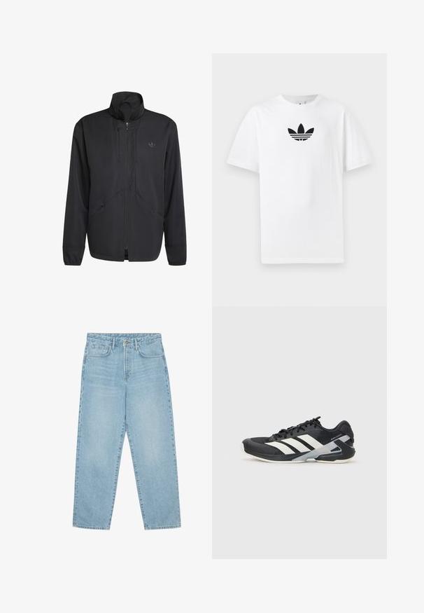 Veste à zip noire avec un col montant, un tissu texturé, des poches latérales et un logo discret sur la poitrine. Design léger et sportif.; T-shirt en coton blanc présentant un logo noir d'Adidas au centre. Manches courtes et décolleté rond. Texture lisse.; Jeans en denim bleu clair avec taille haute et coupe évasée. Dotés de poches avant, d'une seule poche arrière et d'une fermeture à bouton en métal.; Chaussure de sport noire avec des rayures blanches, tige en mesh, bout arrondi et semelle rembourrée. Comprend un talon texturé et un système de laçage sécurisé.