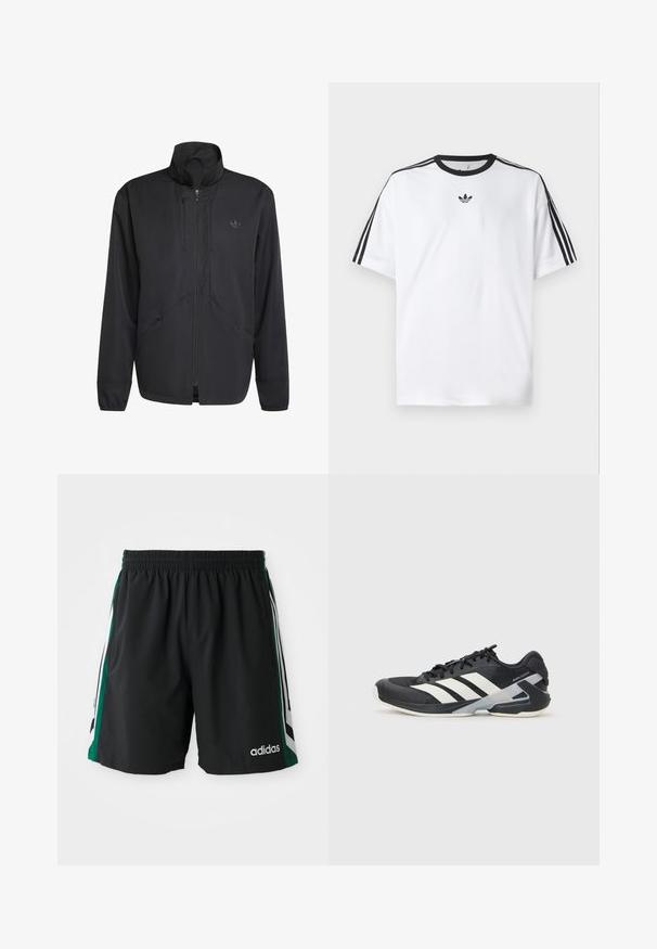 Juodas zip-up švarkas su aukštu apykakle, tekstūrinė audinys, šoniniai kišeniai ir subtilus logotipas ant krūtinės. Lengvas ir sportiškas dizainas.; Balta medvilninė marškinėlių su juodu apvali kaklu, ant kiekvieno peties iš trijų juodų juostelių. Mažas juodas logotipas ant krūtinės.; Juodi sportiniai šortai su elastine juosta, su žaliais ir baltais šonų dryžiais ir balta "adidas" logotipu priekyje.; Juoda sportinė avalynė su baltais dryžiais, tinklinis viršus, apvalus pirštas ir paminkštinta padais. Yra tekstūruota kulno dalis ir saugi raištelių sistema.