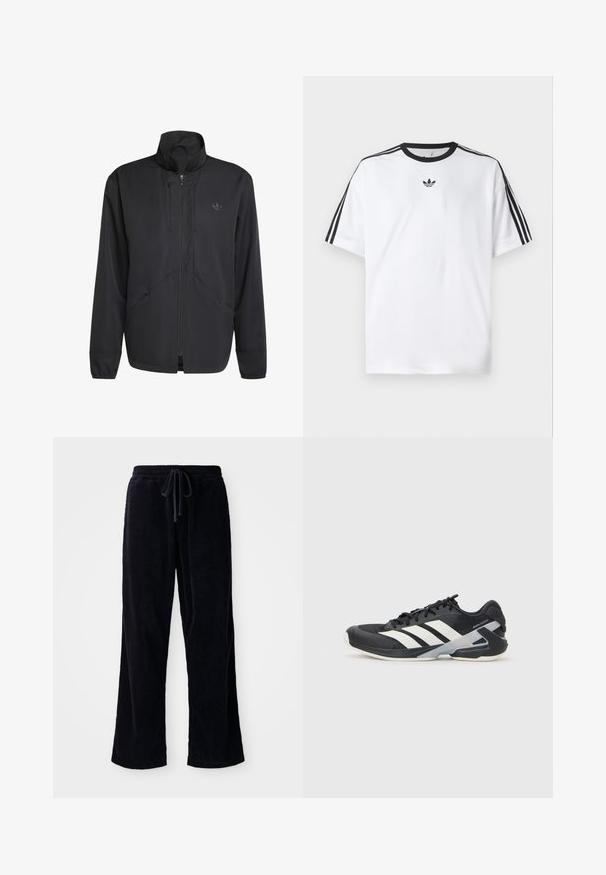 Must musta kinnitusega jope, millel on kõrge kaelus, tekstuuriga kangas, küljetaskud ja diskreetne logo rinnal. Kerge ja sportlik disain.; Valge puuvillane T-särk, millel on must ümmargune kaelus ja kolm musta triipu igal õlal. Rinnal väike must logo.; Musthavee tootega mustad kangast püksid, millel on lahtine lõige, elastne vöökoht ja nöör. Tekstuur on ribane ja kangas näeb välja pehme.; Mustad sportlik jalanõud mustade värvidega, valgete triipudega, võrgusilma pealmine osa, ümar varvas ja pehme tallaga. Omab tekstureeritud kontsa ja kindlat paeltesüsteemi.