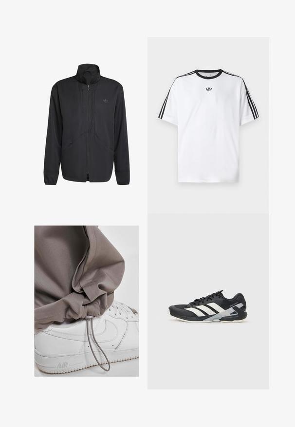 Fekete, cipzáros dzseki magas gallérral, textúrált anyagból, oldalsó zsebekkel és diszkrét logóval a mellkason. Könnyű és sportos dizájn.; Fehér pamut póló, fekete kerek nyakkal, mindkét vállán három fekete csíkkal. Kis fekete logó a mellkason.; Világosszürke jogger nadrág, húzózsinórral az alján, párosítva fehér sportcipőkkel, amelyek textúrázott talppal és jellegzetes logó részlettel rendelkeznek.; Fekete sportcipő fehér csíkokkal, hálós felsőrész, kerek orr és párnázott talp. Texturált sarokkal és biztonságos fűzőrendszerrel rendelkezik.