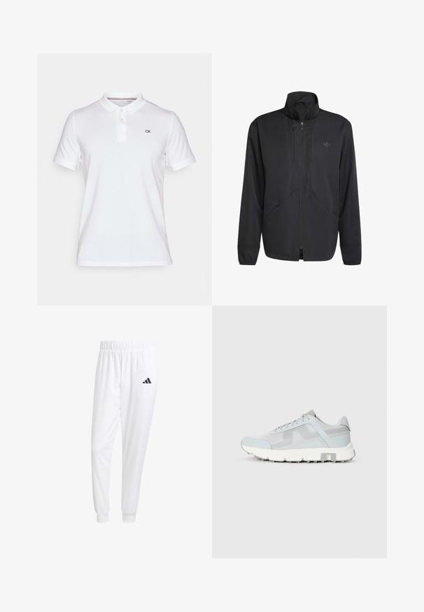 Musta vetoketjullinen takki, jossa on korkea kaulus, teksturoitu kangas, sivutaskut ja hillitty logo rinnassa. Kevyt ja urheilullinen muotoilu.; Valkoinen puuvillapaitapusero, jossa on kaulus ja kolme nappia. Pienen mustan "CK"-logon on vasemmalla puolella rintaa.; Valkoiset urheiluhousut, jotka on valmistettu sileästä kankaasta, jossa on joustava vyötärö ja istuvat hihat, ja joissa on musta logo takataskussa.; Valkoiset urheilukengät, joissa on verkkomateriaali, teksturoituja paneeleja ja valkoinen kumipohja. Varustettu litteillä nauhoilla ja pehmustetulla varren ykkösellä.