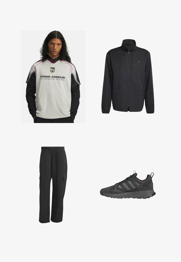 Čierna predná bunda na zips s vysokým golierom, textúrovanou tkaninou, bočnými vreckami a jemným logom na hrudi. Ľahký a športový dizajn.; Svetlo šedá a čierna mikina s kapucňou, s červenými akcentmi, logom na hrudi a krátkymi rukávmi so športovým dizajnom. Hladký povrch.; Čierne cargo nohavice s elastickým pásom, bočnými vreckami, voľným strihom a textúrovanou tkaninou. Navrhnuté pre pohodlie a praktickosť.; Čierne atletické topánky s hornou časťou z mäkkého a sieťovaného materiálu, textúrovanou gumovou podrážkou, polstrovaným golierom a charakteristickým trikrát pruhovaným dizajnom v sivej farbe.