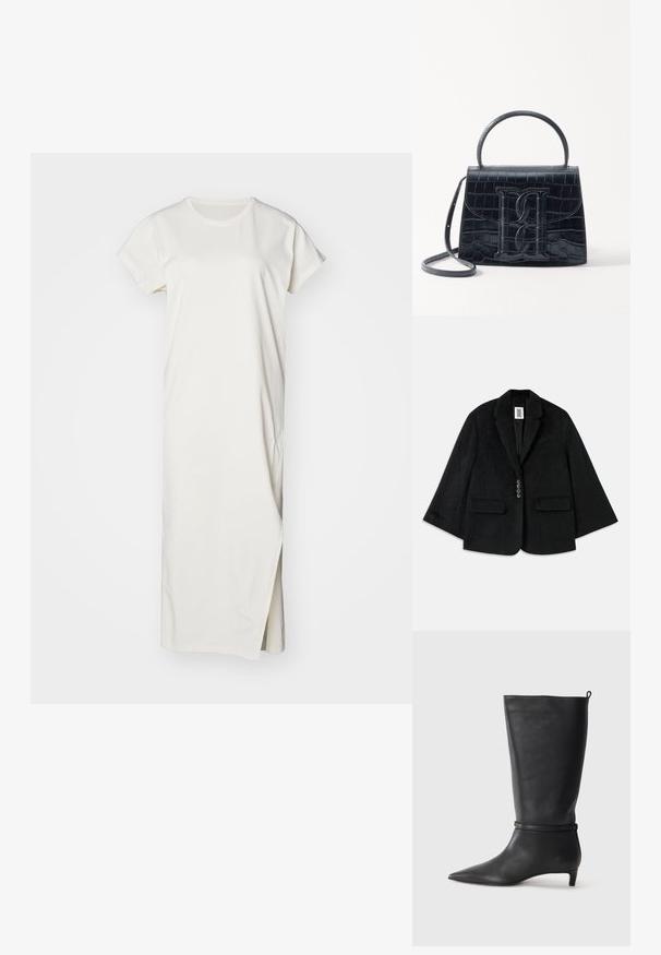 Blazer iz črne teksturirane tkanine s posamičnim gumbom, dvema sprednjima žepoma in ostrim reverjem. Ima kvadratno, skrajšano zasnovo.; Bela obleka s kratkimi rokavi iz bombaža, z ravno silhueto in stranskim razporkom za lažje gibanje. Gladka tekstura.; Črne usnjene visokokakovostne škornje do kolen s koničastim nosom, okrašene s krožno zanko okoli gležnja in nizko, oblikovano peto. Gladka tekstura.; Črna ročno vsebovana torbica iz usnja z reliéfom krokodila, z oblikovanim dizajnom, zgornjo ročajem, prilagodljivo zanko in izstopajočim logotipom spredaj.