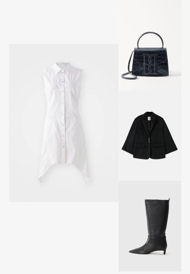 Fekete szőrszerű textúrájú blézer egy gombos záródással, két elülső zsebbel és éles hajtókával. Dobozos, rövidített fazon jellemzi.; Fehér ujjatlan ruha, galléros nyakkal, elülső gombolással, két mellzsebbel és aszimmetrikus szegéllyel. Szőtt anyagból készült.; Fekete bőr, térd fölé érő csizma, hegyes orral, kör alakú pánttal a bokán és alacsony, keskeny sarkú. Simára csiszolt textúra.; Fekete krokodilbőr hatású kézitáska, amelynek strukturált kialakítása van, felső fogantyúval, állítható pánttal és egy kiemelkedő elülső logó részlettel.