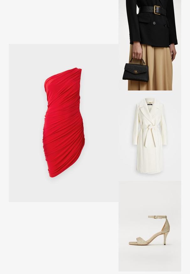 Biały płaszcz z mieszanki wełny z paskiem w talii, klapami i długimi rękawami; charakteryzuje się gładkim, teksturowanym wykończeniem i średniej długości krojem.; Czerwona sukienka na jedno ramię, wykonana z marszczonego materiału, charakteryzująca się teksturą marszczoną i dopasowanym krojem, podkreślająca krągłości.; Złote błyszczące sandały na wysokim obcasie z paskiem na kostce, odkrytą palcą i kwadratowym przodem. Posiadają cienki, zwężający się obcas, który dodaje wzrostu.; Czarna, strukturalna torebka z fakturowanym wykończeniem, złotymi akcentami i górnym uchwytem. Nosi ją z czarną marynarką i beżową spódnicą.