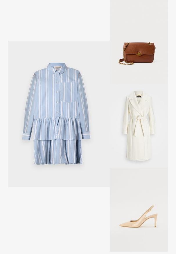 Palton alb din amestec de lână, cu talie îmbrăcată, rever notat și mâneci lungi; prezintă un finisaj neted și texturat și un design de lungime medie.; Rochie cămașă bleu deschis, cu dungi verticale albe, având un tiv volanat, mâneci lungi și un buzunar pe partea stângă.; Pantofii cu toc slingback din piele patent nud, cu vârf ascuțit, vamp deschis și toc subțire stilettos. Prezintă un accent circular auriu pe curea.; Geantă din piele maro, tip crossbody, cu închidere cu clapetă, elemente din aur și curea din lanț. Textură netedă, formă rectangulară, detalii minime.