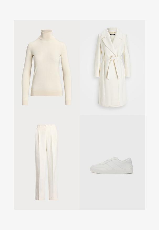 Casaco branco em mistura de lã com cintura cingida, lapelas recortadas e mangas longas; apresenta um acabamento liso e texturizado e um design de comprimento médio.; Suéter de gola alta na cor creme, feito de um tecido suave, com mangas longas e um design ajustado. Inclui um pequeno logotipo dourado na bainha.; Polo Ralph Lauren HEMP WIDE LEG PANT - Calças - nevis; Sapatilha de couro branco com atacadores planos, bico arredondado e detalhes de costura subtis. Apresenta uma sola texturizada e um logótipo da marca em relevo no calcanhar.
