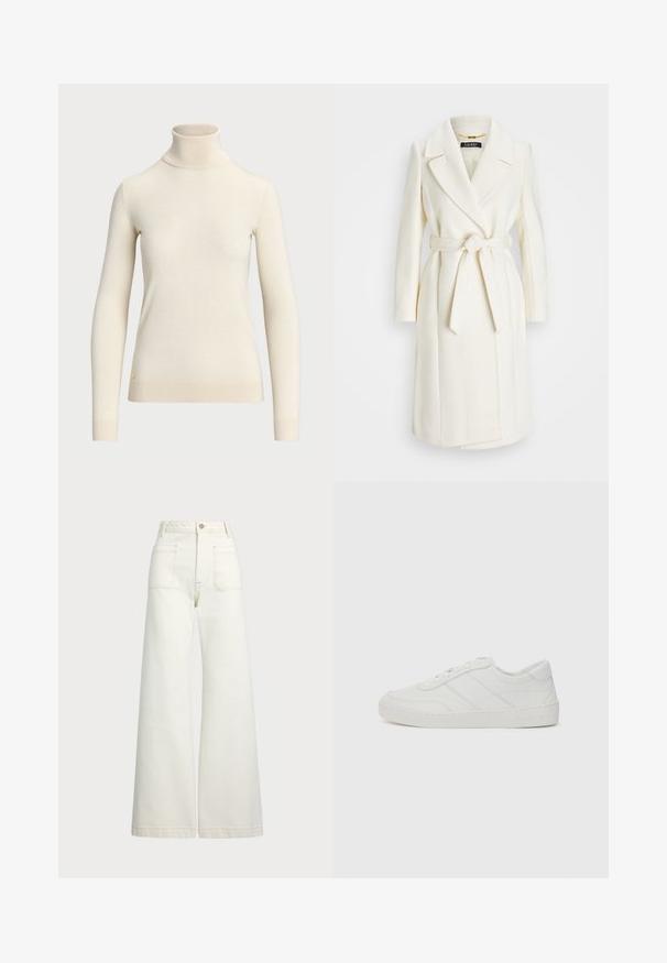Fehér gyapjú keverék kabát övvel a deréknál, kivágott gallérral és hosszú ujjakkal; sima, textúrált felülettel és közepes hosszúságú kivitelben.; Krém színű, puha anyagból készült garbó, hosszú ujakkal és egyedi, testhezálló fazonnal. A szegélyén egy kis arany logó található.; Széles szárú farmernadrág off-white denim anyagból. Magas derekú dizájn, gombos záródással, két elülső zsebbel és kontrasztos varrási részletekkel.; Fehér bőr sportcipő lapos fűzőkkel, kerek orral és finom varrási részletekkel. Bordázott talppal és dombornyomott márkainszigniával a sarokon.