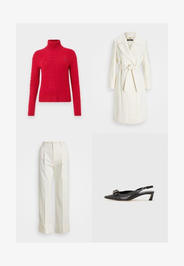 Biały płaszcz z mieszanki wełny z paskiem w talii, klapami i długimi rękawami; charakteryzuje się gładkim, teksturowanym wykończeniem i średniej długości krojem.; Czerwony sweter z golfem, dzianinowy, z długimi rękawami, ściągaczami przy mankietach i na dole. Posiada mały akcent logo w kolorze niebieskim na klatce piersiowej.; Białe spersonalizowane spodnie z wysokim stanem, podwójnymi fałdami z przodu oraz szerokimi nogawkami z założonymi mankietami. Wykonane z gładkiego, teksturowanego materiału.; Czarne skórzane buty typu slingback z ostrym noskiem, małym obcasem i ozdobnym zapięciem na górze. Gładka faktura, minimalistyczny design.