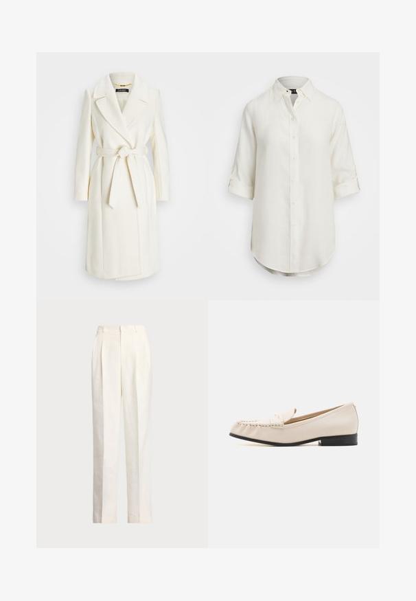 Cappotto in misto lana bianca con vita regolabile, colletto a risvolto e maniche lunghe; presenta una finitura liscia e strutturata e un design di lunghezza media.; Camicia di lino bianca con design bottone, maniche corte arrotolate, colletto e orlo arrotondato. Presenta bottoni di colore chiaro.; Polo Ralph Lauren HEMP WIDE LEG PANT - Pantaloni - nevis; MICHAEL Michael Kors CARLSON LOAFER - Scarpe senza lacci - light cream