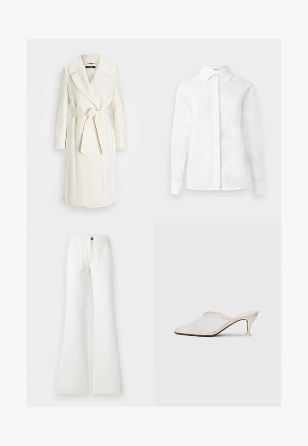 Biely kabát zo zmesi vlny s opaskom v páse, zúženými klopami a dlhými rukávmi; má hladký, textúrovaný povrch a strednú dĺžku.; Biela košeľa s dlhým rukávom vyrobená z hladkej bavlny, s špicatým golierom, centrálnou zapínacou klapkou a priamym lemom s gombíkovými manžetami.; Biele rozšírené nohavice vyrobené z tkaniny, s pleteným pásom, dvoma prednými vreckami a hladkou textúrou. Zapínanie na čierny gombík.; Biele sieťované lodičky s špicatou špičkou, s úzkym stredne vysokým podpätkom a bez zapínania, na jednobodovom pozadí.