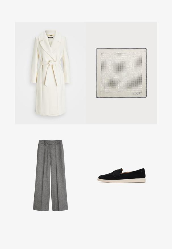 Weißer Wollmischungs-Mantel mit tailliertem Gürtel, Reverskragen und langen Ärmeln; zeichnet sich durch eine glatte, strukturierte Oberfläche und ein mittelanges Design aus.; Kurzärmlige, hellbeige Bluse mit rundem Halsausschnitt und glatter Textur. Sie zeichnet sich durch ein sauberes, schlichtes Design ohne zusätzliche Muster oder Akzente aus.; Grau wollene Weitbein-Hosen mit Gürtelschlaufen und vorderen Falten, entworfen für eine entspannte, maßgeschneiderte Passform.; Cesare Gaspari FLAT SOLE - Mokassin - black; Seidenschal in Creme mit einem Marineblauen Rand, der gleichmäßig verteilte marineblaue Punkte in einem Muster zeigt. Signatur in der Ecke gedruckt.