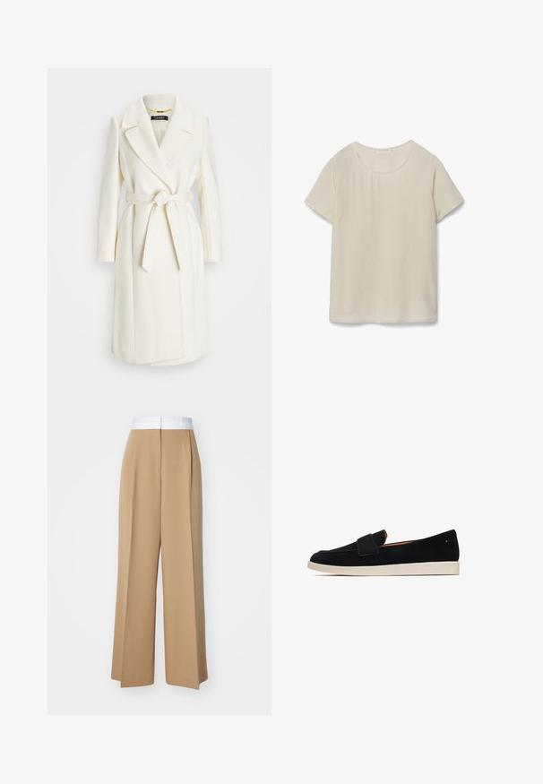 Manteau en laine blanche mélangée avec une taille ceinturée, des revers crantés et des manches longues ; présente une finition lisse et texturée ainsi qu'un design mi-long.; Blouse à manches courtes, beige clair, avec un col rond et une texture lisse. Présente un design épuré et simple sans motifs ni accents supplémentaires.; Pantalons à jambes larges en tissu brun clair avec une taille blanche contrastante. Présente des lignes épurées et sans motifs ou embellissements visibles.; Cesare Gaspari FLAT SOLE - Mocassins - black