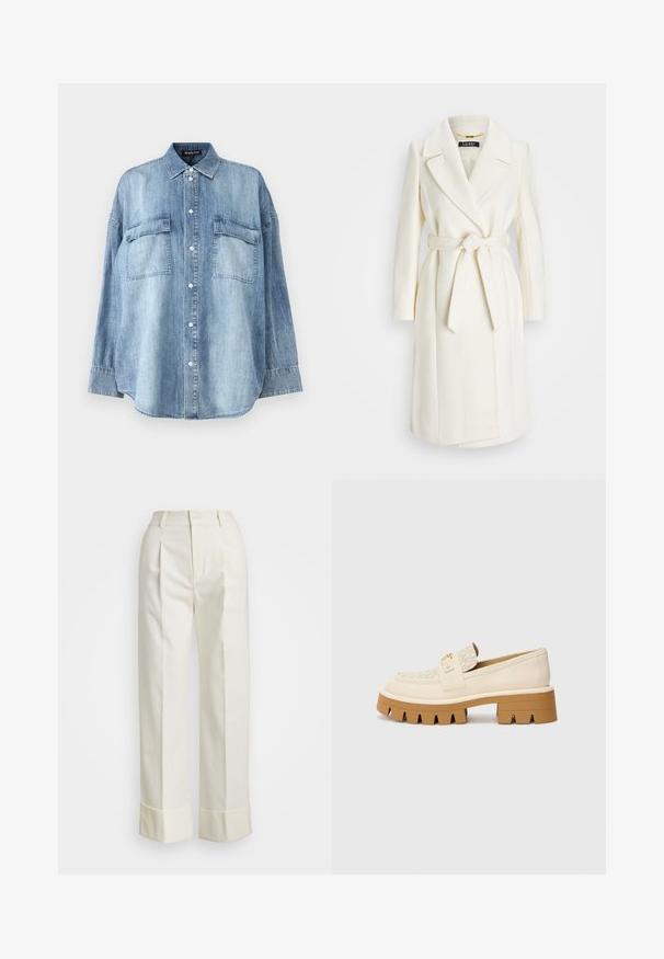 Biały płaszcz z mieszanki wełny z paskiem w talii, klapami i długimi rękawami; charakteryzuje się gładkim, teksturowanym wykończeniem i średniej długości krojem.; Jasnoniebieska koszula denimowa z zaznaczoną kołnierzykiem, zapinana na guziki z przodu, z dwoma kieszeniami na piersi. Posiada długie rękawy oraz luźny krój.; Białe spersonalizowane spodnie z wysokim stanem, podwójnymi fałdami z przodu oraz szerokimi nogawkami z założonymi mankietami. Wykonane z gładkiego, teksturowanego materiału.; Beżowe loafersy z teksturowanym kremowym paskiem, posiadające masywną brązową podeszwę z ząbkowanym wzorem. Złoty akcent przy detalach klamry.