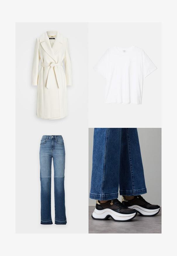 Bílý kabát z vlněné směsi s páskem v pase, klopovými límci a dlouhými rukávy; má hladký, strukturovaný povrch a střední délku.; Bílý bavlněný tričko s krátkým rukávem, kulatým výstřihem, volným střihem a šitým lemem. Nálepka viditelná na vnitřní straně výstřihu.; Džíny s vysokým pasem v denimovém stylu, které mají přechod od světlé modré po tmavou, rovný střih a roztrhané lemy na nohavicích.; Černo-zlaté tenisky s prohnutou bílou podrážkou. Texturovaná tkanina s logovými akcenty. Kombinované s širokými modrými džínovými kalhotami.