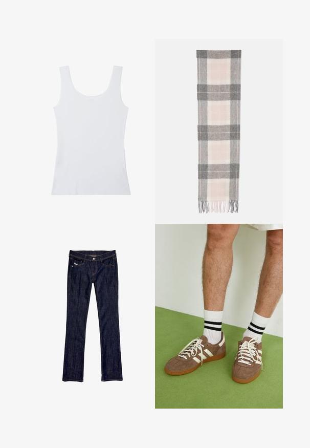 Beige coat with a wide collar, two side pockets, and checkered black-and-white accents on the cuffs. Smooth, lightweight fabric.; Plain white sleeveless tank top with wide shoulder straps and scoop neckline, displayed on a white background.; White long-sleeve shirt with a collar, button front, two chest pockets, straight hem, and slightly flared sleeves made from smooth fabric.; Dark blue denim jeans with a straight leg design, featuring a front button closure, five pockets, and visible stitching along the seams.; Brown suede sneakers with white accents and laces. Rubber gum sole. Worn with white socks featuring black stripes. Green textured flooring.; Wool scarf featuring a light pink and gray plaid pattern with fringed edges. Soft texture, elongated rectangular shape.; Pink leather handbag featuring a curved silhouette, gold hardware, and a detachable triangular pouch with a similar textured finish.; Filippa Firenze CINCIN - Hair styling accessory - schwarz