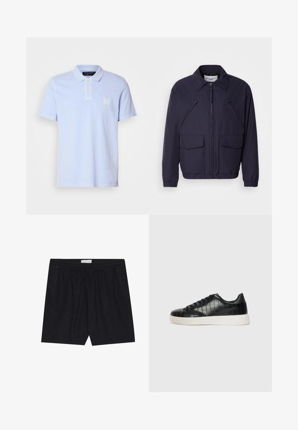 Námořnická modrá bunda se zipem vpředu, špičatým límcem, dvěma velkými předními kapsami a dvěma šikmými kapsami na hrudi se zipem. Vyrobena z hladkého, lehkého materiálu.; Světle modré polo tričko s krátkým rukávem vyrobené z bavlny, s klasickým límcem, knoflíkovou lištou na tři knoflíky a vyšitým logem na prsou.; Černé šortky s elastickým pasem a šňůrkou, s hladkým povrchem a rovným střihem, vhodné pro každodenní nošení.; Černé tenisky s texturovaným vrškem z kůže s embosovaným hadím vzorem, kulatou špičkou a kontrastní bílou gumovou podrážkou s hladkým povrchem.