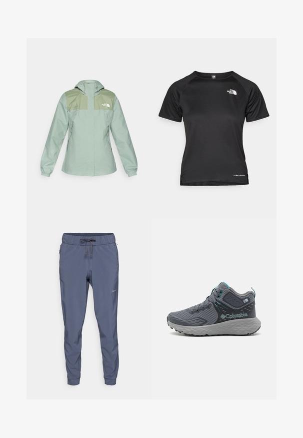 Jachetă ușoară, rezistentă la apă, de culoare verde deschis, cu glugă, având panouri pe umeri de culoare verde închis, mansete elastice și buzunare laterale cu fermoar.; Cămașă sport cu mâneci scurte, de culoare neagră, fabricată dintr-un material ușor. Prezintă un gât rotund, un model texturat și un logo alb în partea superioară stângă a pieptului.; Patagonia TERREBONNE JOGGERS - Pantaloni outdoor - smolder blue; Pantofi de drumeție gri Columbia cu partea superioară din plasă, accente texturate, detalii turcoaz și o talpă din cauciuc robustă pentru aderență.