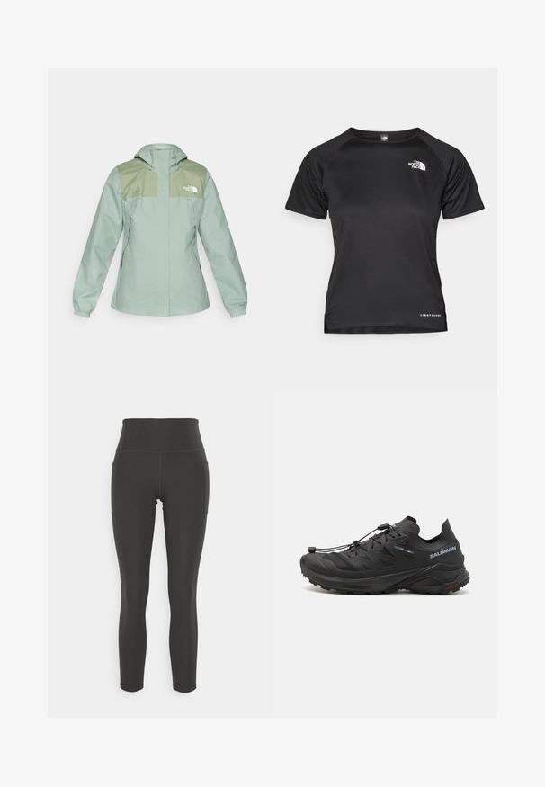 Vodootporna svijetlozelena jakna s kapuljačom, koja ima tamnozelene ramene panele, elastične manžete i bočne džepove sa zatvaračem.; Crna kratka majica za sport od laganog materijala. Ima okrugli izrez, teksturirani uzorak i bijeli logo na gornjoj lijevoj strani prsnog koša.; Crne tajice visokog struka izrađene od rastezljivog materijala s glatkom teksturom; sadrže bočne džepove i ravne šavove za dodatnu udobnost.; Crne trail trkačke cipele s teksturiranim gornjim dijelom, mrežastim panelima i sigurnim sustavom zatvaranja. Imaju robusnu potplate za prianjanje.