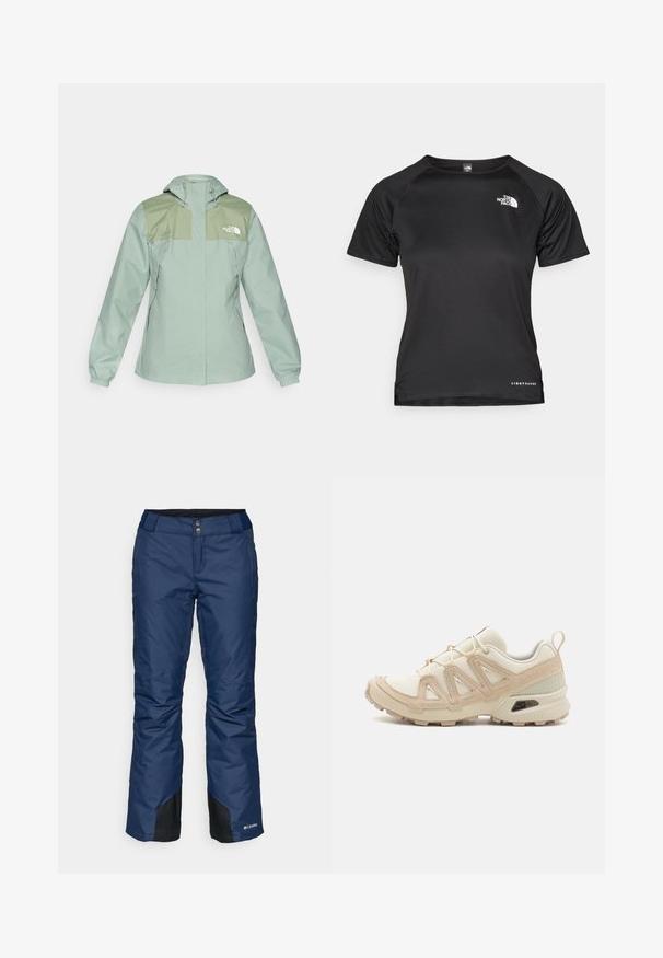 Vandafvisende lys grøn jakke med hætte, der har mørkegrønne skulderpaneler, elastiske manchetter og lynlåslommer på siden.; Sort kortærmet træningsshirt lavet af letvægtsmateriale. Har en rund hals, tekstureret mønster og et hvidt logo på den øverste venstre bryst.; Marineblå isolerede skibukser med en glat overflade, sorte detaljer ved afslutningerne og en knaplukning i taljen med to forreste knapper.; Beige og creme atletiksko med struktureret mesh-overdel, støttende overlays og gummiyderside med et mønster for trækkraft.