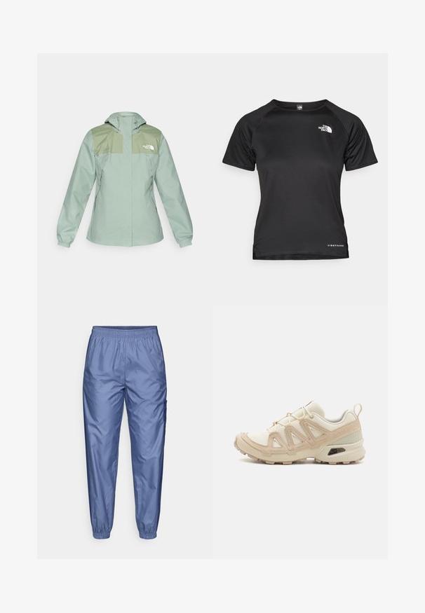 Wasserabweisende hellgrüne Jacke mit Kapuze, ausgestattet mit dunkelgrünen Schulterpaneelen, elastischen Bündchen und seitlichen Reißverschlusstaschen.; Schwarzes Kurzarm-Sportshirt aus leichtem Stoff. Mit Rundhals, strukturiertem Muster und weißem Logo auf der oberen linken Brust.; Helleblaue, glänzende Sporthose mit elastischem Bund, schmal zulaufenden Beinen und Seitentasche; aus glattem, leichtem Material gefertigt.; Beige und cremefarbenen Sportschuh mit strukturiertem Mesh-Obermaterial, unterstützenden Überzügen und Gummisohle mit einem Profilmuster für Bodenhaftung.