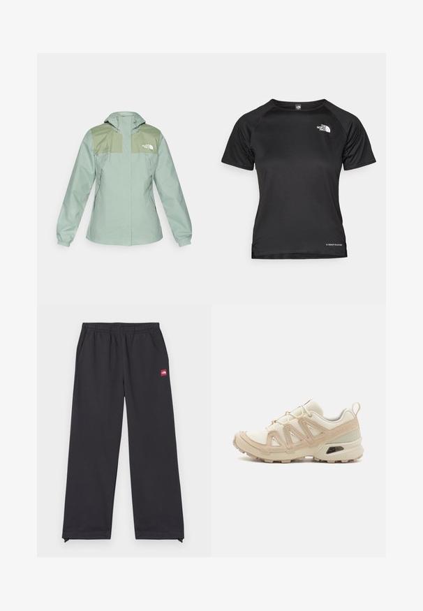 Wasserabweisende hellgrüne Jacke mit Kapuze, ausgestattet mit dunkelgrünen Schulterpaneelen, elastischen Bündchen und seitlichen Reißverschlusstaschen.; Schwarzes Kurzarm-Sportshirt aus leichtem Stoff. Mit Rundhals, strukturiertem Muster und weißem Logo auf der oberen linken Brust.; Schwarze Sporthosen aus weichem Material, mit lockerer Passform, elastischem Bund, seitlichen Taschen und einem kleinen roten Logoetikett auf der Vorderseite.; Beige und cremefarbenen Sportschuh mit strukturiertem Mesh-Obermaterial, unterstützenden Überzügen und Gummisohle mit einem Profilmuster für Bodenhaftung.