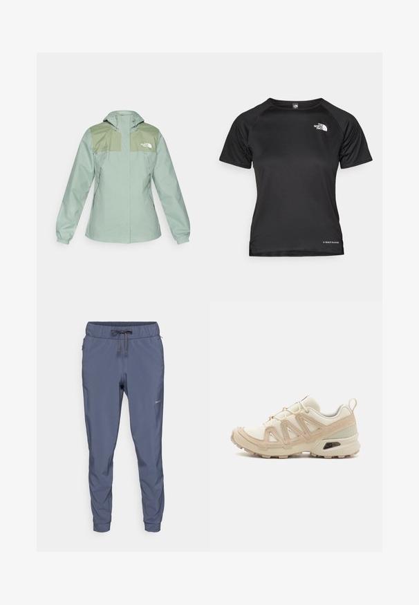Vannavstøtende lys grønn jakke med hette, med mørkegrønne skulderpaneler, elastiske mansjetter og glidelås-lomme på sidene.; Svart t-skjorte med korte ermer i lett stoff. Har rund hals, strukturert mønster, og en hvit logo på øverste venstre bryst.; Patagonia TERREBONNE JOGGERS - Friluftsbukser - smolder blue; Beige og krem joggesko med teksturert mesh-overdel, støttende overlegg og gummisåle med et mønster for godt grep.