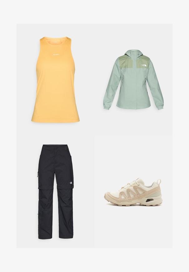 Wodoodporna, jasnozielona kurtka z kapturem, z ciemnozielonymi panelami na ramionach, elastycznymi mankietami i zapinanymi na zamek bocznymi kieszeniami.; Żółta bezrękawnikowa koszulka sportowa z oddychającego materiału, z okrągłym dekoltem i małym logo z przodu.; Czarne nylonowe spodnie cargo z odpinanymi nogawkami, regulowanymi mankietami, wieloma kieszeniami oraz logo na prawej nogawce. Gładka, lekka tekstura.; Beżowe i kremowe buty sportowe z teksturowanej siateczki, wspierającymi nakładkami oraz gumową podeszwą z wzorem bieżnika zapewniającym przyczepność.