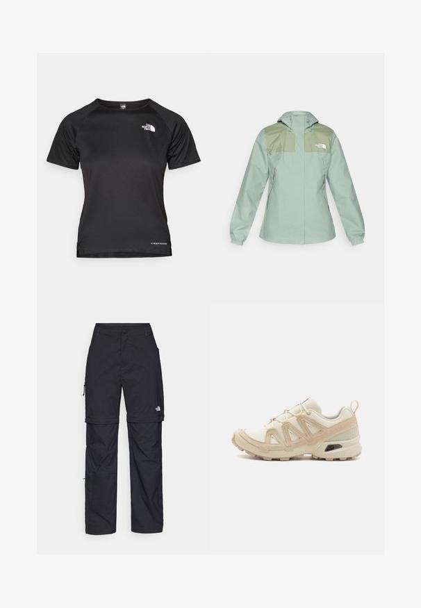 Vannavstøtende lys grønn jakke med hette, med mørkegrønne skulderpaneler, elastiske mansjetter og glidelås-lomme på sidene.; Svart t-skjorte med korte ermer i lett stoff. Har rund hals, strukturert mønster, og en hvit logo på øverste venstre bryst.; Svarte nylon cargo-bukser med glidelås og justerbare mansjetter, flere lommer og en logo på høyre bein. Glatt, lett tekstur.; Beige og krem joggesko med teksturert mesh-overdel, støttende overlegg og gummisåle med et mønster for godt grep.